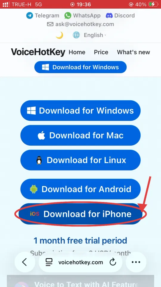 Главная страница voicehotkey.com с кнопкой Download for iPhone