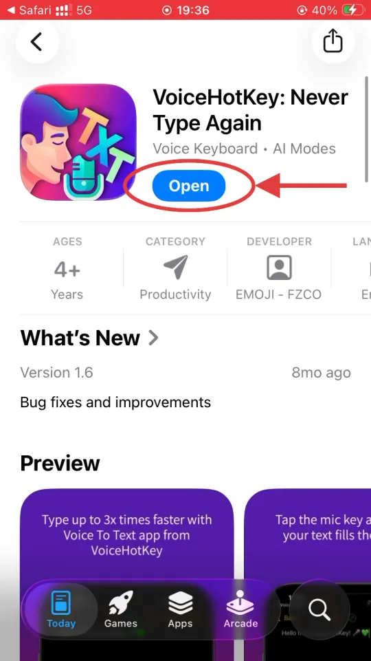 Кнопка Open в App Store после установки