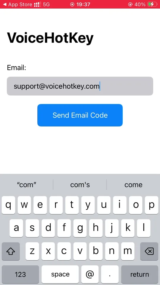 Экран ввода электронной почты VoiceHotKey