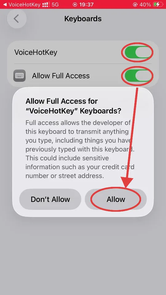 Диалог предупреждения iOS Allow Full Access
