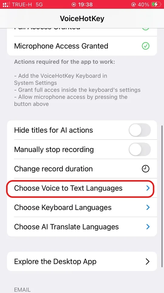 Опции настроек VoiceHotKey