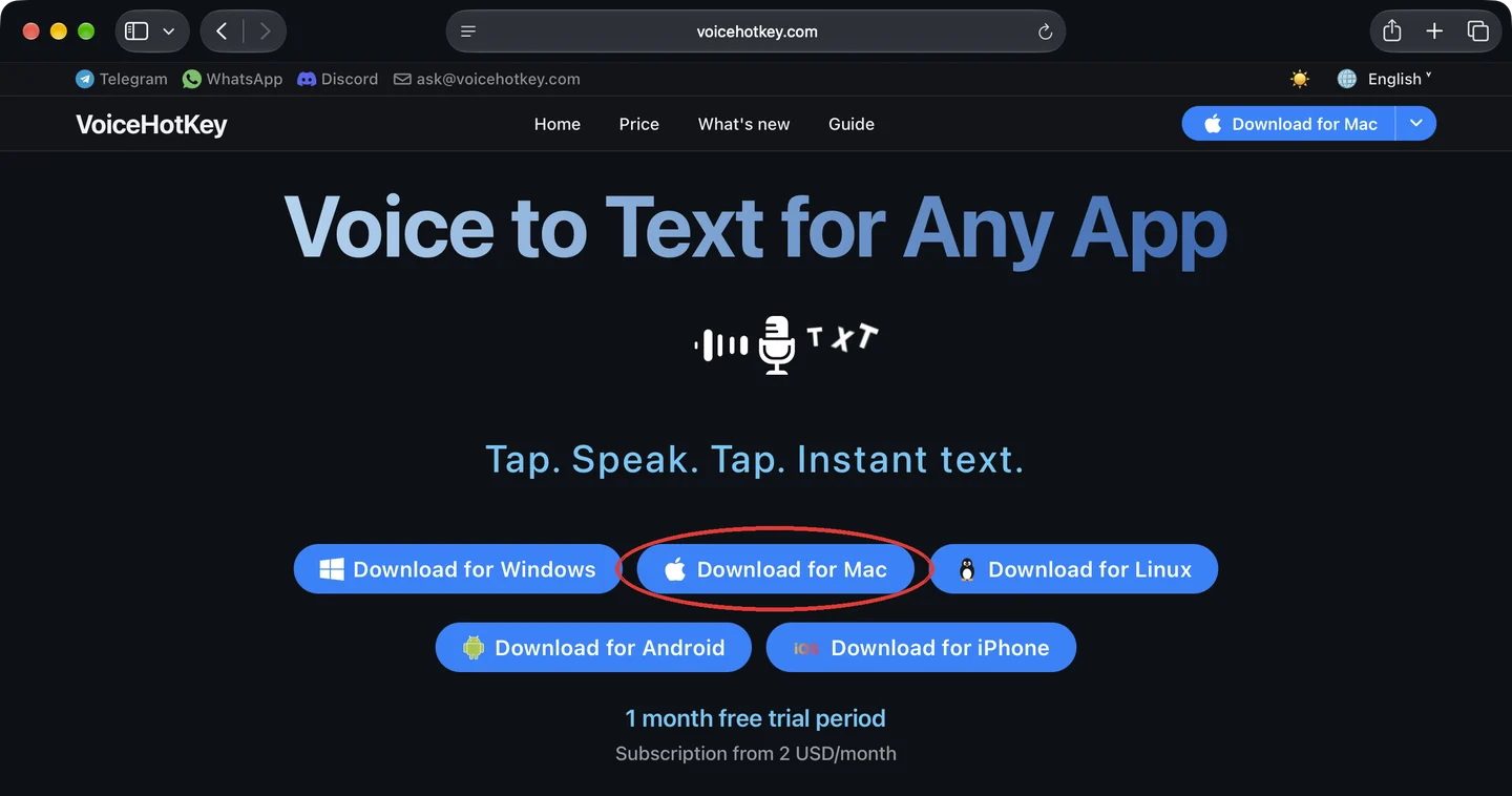 Главная страница voicehotkey.com с кнопкой Download for Mac