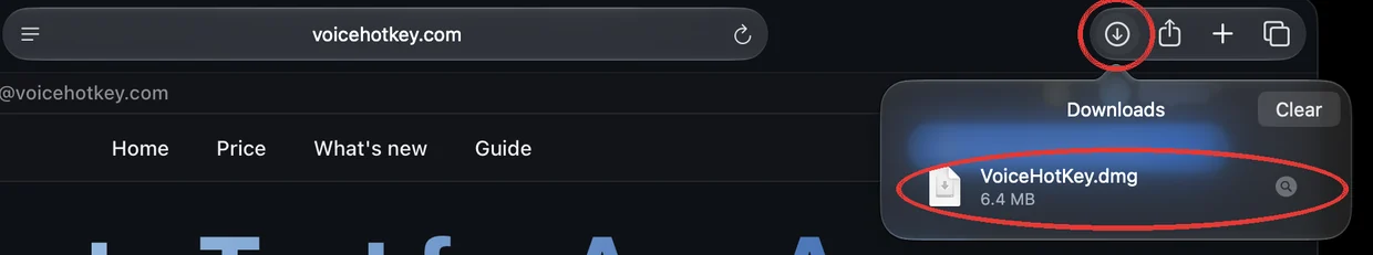 Список загрузок Safari с файлом VoiceHotKey.dmg