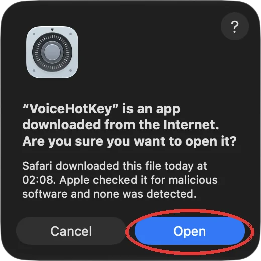 Окно macOS о приложении, загруженном из интернета, с кнопкой Open