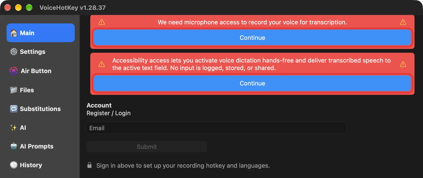 Главное окно VoiceHotKey с уведомлениями о микрофоне и универсальном доступе