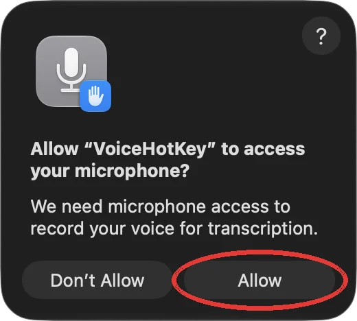 Запрос macOS на доступ к микрофону с кнопкой Allow