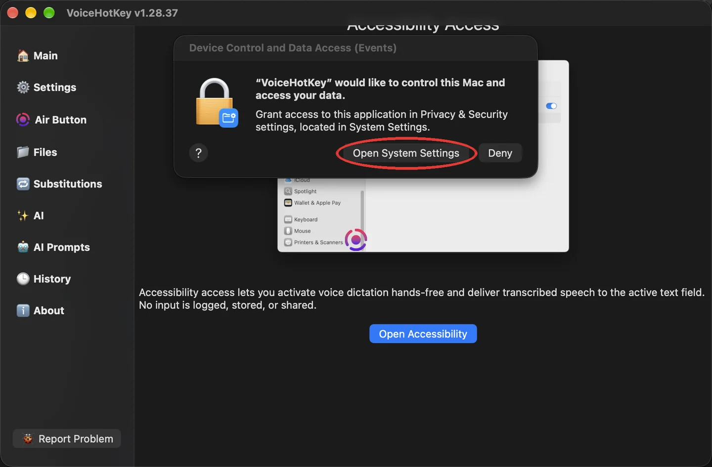 Запрос macOS на универсальный доступ с кнопкой Open System Settings