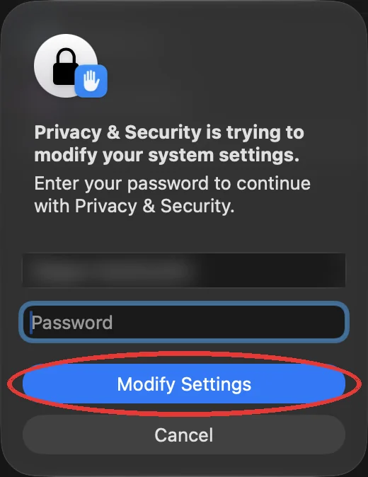 Запрос пароля macOS с кнопкой Modify Settings