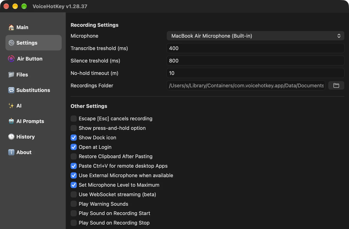 Вкладка Settings в VoiceHotKey