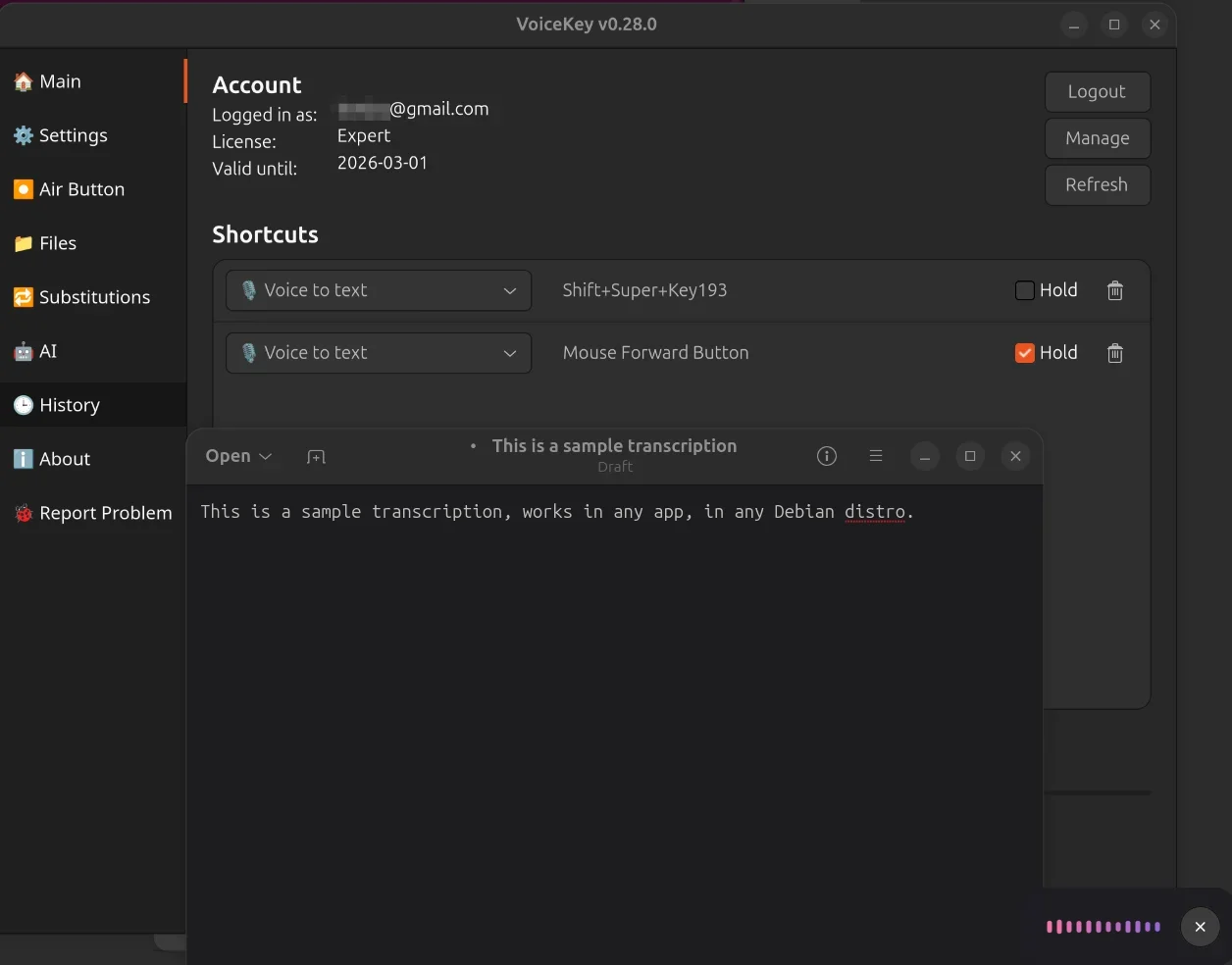 Приложение голосового ввода VoiceKey работает на Ubuntu Linux с горячими клавишами и живой транскрипцией